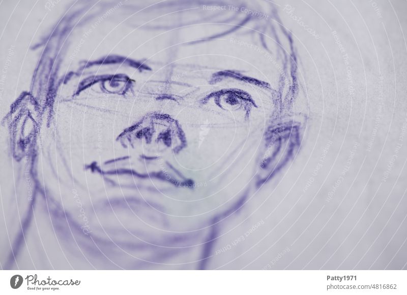 Porträt Skizze eines jungen Mannes Gesicht Junge Kopf Blick Mensch Zeichnung handgezeichnet Blick in die Ferne
