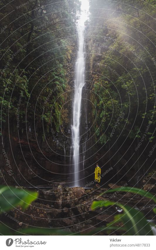 Bei Regenwetter erhebt sich der majestätische und bekannte Wasserfall 25fontes im Nebel und Regen auf der Insel Madeira, Portugal. Magische Orte in Europa entdecken. Mann genießt die Aussicht