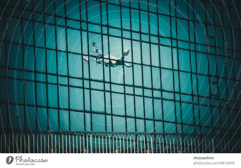 Ein Flugzeug im Anflug. Es spiegelt sich an einer Fensterfront am Flughafen Gebäude. Flugzeug schönes Wetter Außenaufnahme Ferien & Urlaub & Reisen Menschenleer