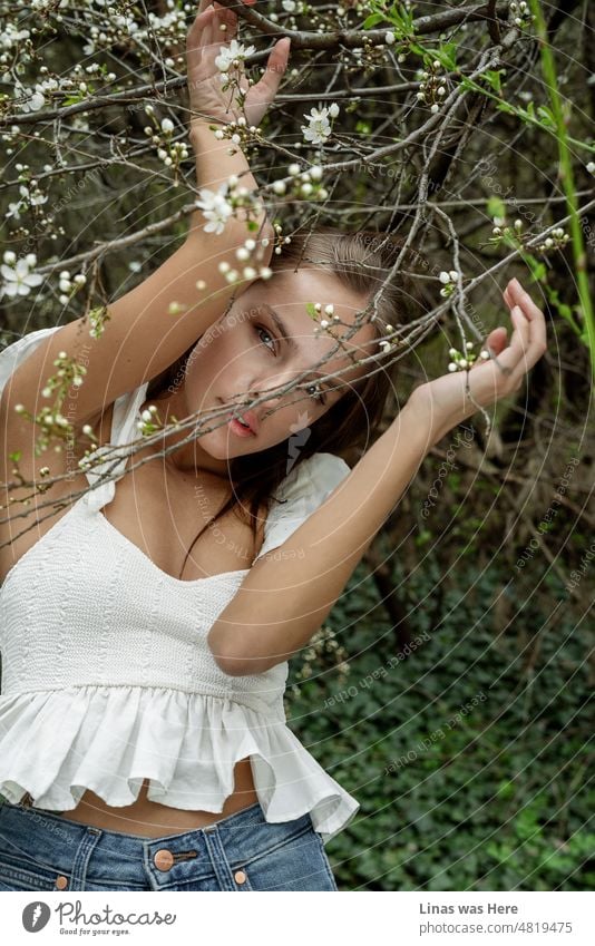 Weiße Blüten passen perfekt zum weißen Kleid unseres hübschen brünetten Models. Dieses hübsche Mädchen versteckt sich unter den Zweigen und ist ganz hinreißend.