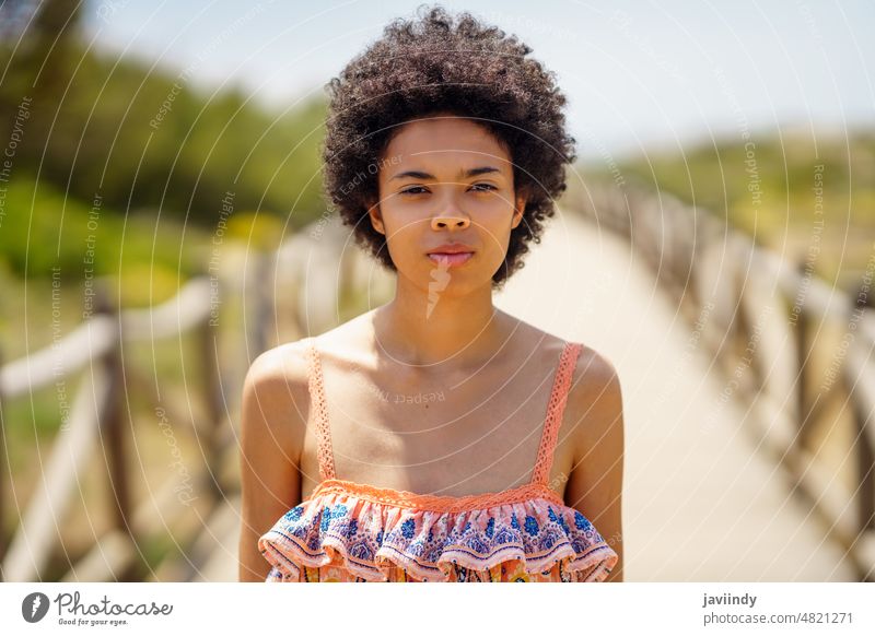 Junge schwarze Frau mit Afro-Haar auf einem Holzweg in den Dünen eines tropischen Strandes. Sommer Natur Gesicht Afro-Look lockig Frisur Behaarung Schönheit
