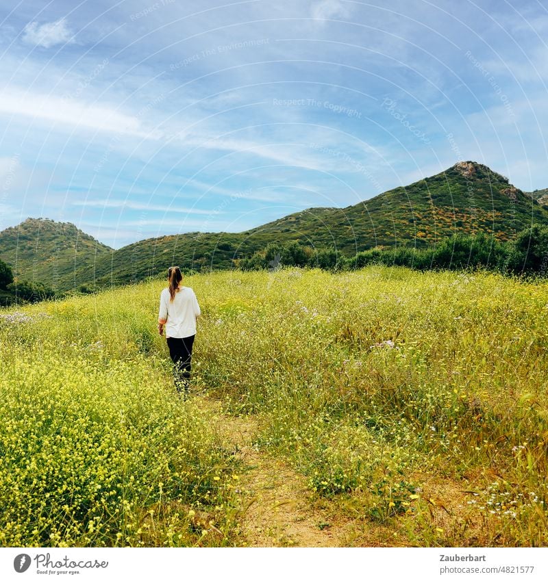 Frau in Rückansicht steht auf einem Feldweg im gelben Blumenmeer vor einer Hügelkette Ginster schauen Wandern Landschaft Natur Himmel Vegetation Frühling