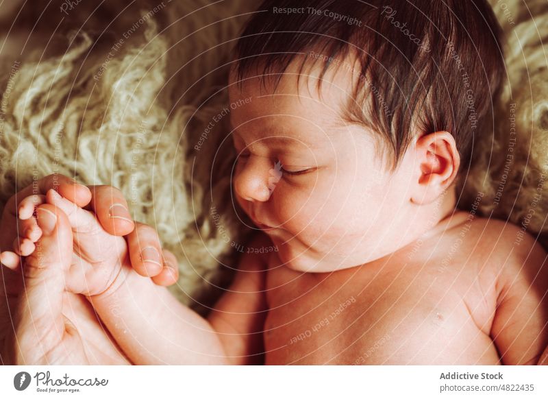 Crop-Eltern halten die Hände des bezaubernden schlafenden Babys Augen geschlossen Streicheln Liebe Lügen neugeboren Halt die Faust ballen unschuldig