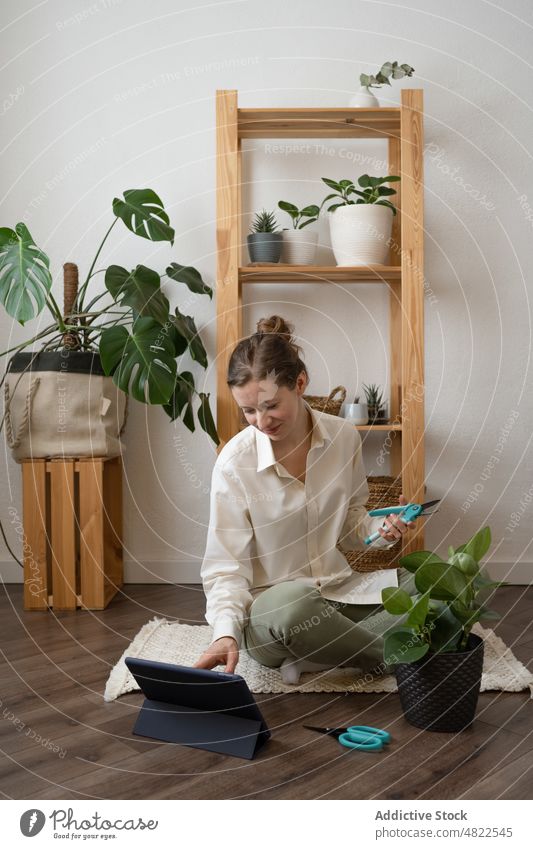 Junge Frau sieht sich ein Lehrvideo auf einem Tablet an, bevor sie sich um eine Pflanze kümmert zuschauen Video Wachstum aufpassen Tutorial Tablette positiv