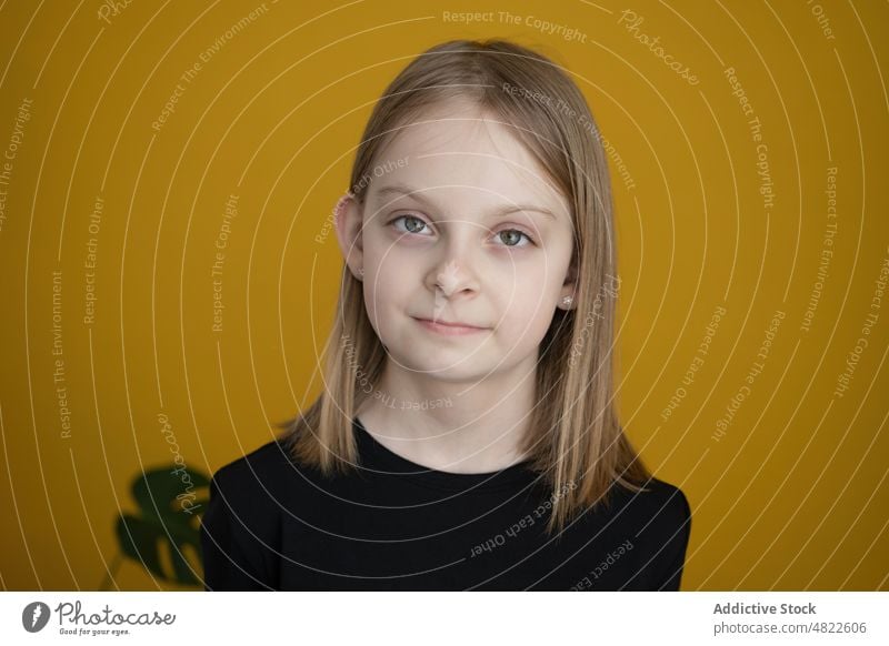 Glückliches Kind lächelt und schaut in die Kamera in einem gelben Studio Mädchen Lächeln positiv froh Porträt Model Kindheit Starrer Blick Vorschein