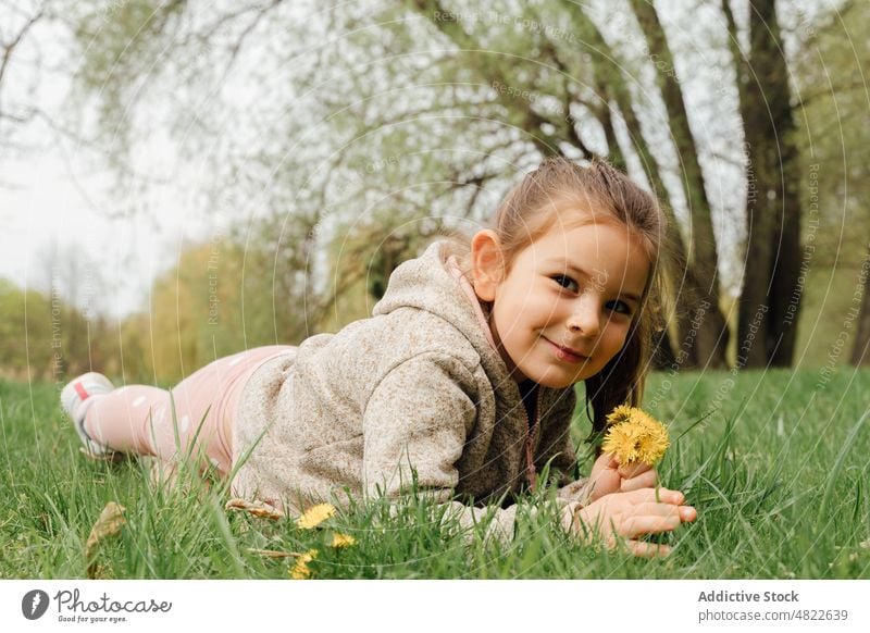 Positives kleines Kind auf der Wiese liegend mit einem Bund Löwenzahn im Park Mädchen Lügen Rasen Lächeln Glück Blume pflücken sich[Akk] entspannen Gras positiv