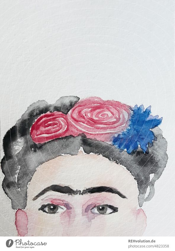 Aquarell von Frida Kahlo illustration Gesicht Porträt berühmt Künstlerin Blumen Kopfschmuck Augenbraue Haare & Frisuren feminin Mensch Feminismus revolutionär