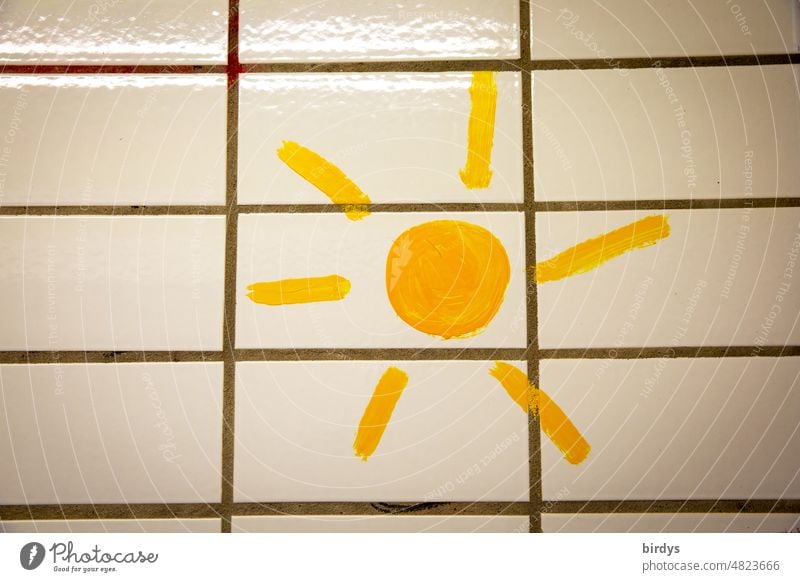 gemalte Sonne auf einer weiß gefliesten Wand orange strahlende Sonne abstrakt Symbolik Optimismus Fliesen u. Kacheln positiv Hoffnung Strukturen & Formen