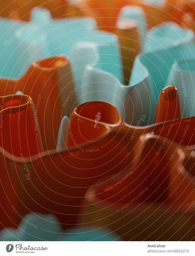 Curvy Welle Band orange und blau Oberfläche. Moderner abstrakter 3D Hintergrund. 3D Render. Verwendbar für Hintergrund, Wallpaper, Banner, Poster, Broschüre, Karte, Web, Präsentation. modernes geometrisches Grafikdesign