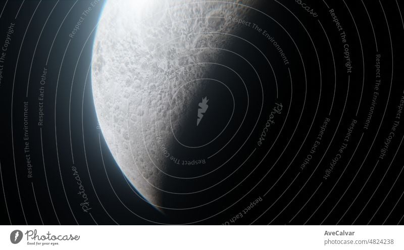 Filmische Panoramaansicht des Mondes im Weltraum. Planet Mond im Weltraum. Elemente dieses Bildes eingerichtet.realistischer Mond im Weltraum, realistische Mondoberfläche, Mondkrater 3d render