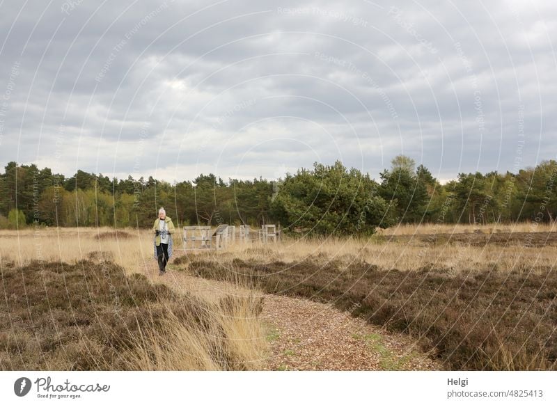 Frau mit weißen Haaren spaziert durch eine Moorlandschaft | UT Frühlingslandluft Seniorin weißhaarig spazieren Spaziergang trist Gras Heidekraut Bäume Himmel