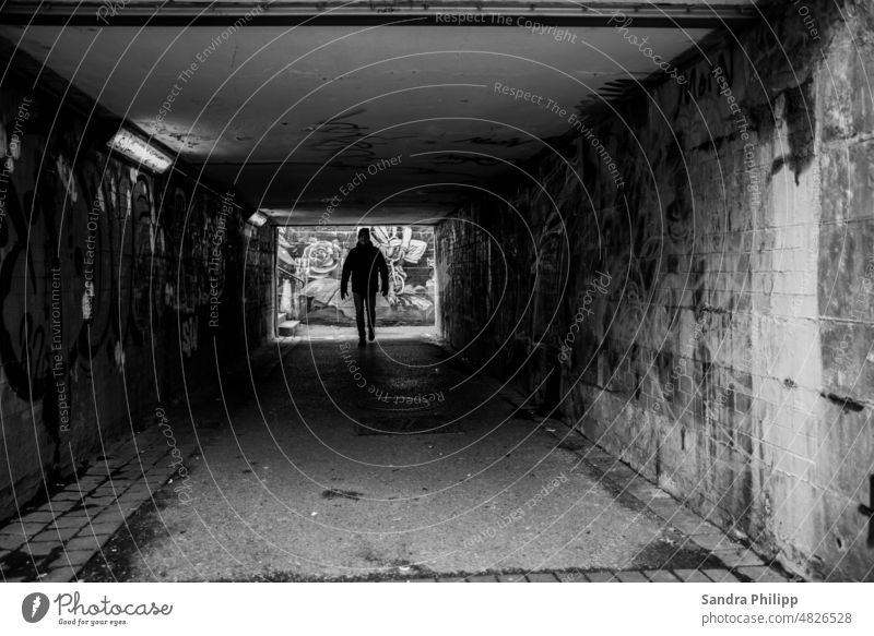 Männliche Person in einer Unterführung ist eingerahmt von Graffitis Mann silhouette Tunnel Mensch Schatten Licht Kontrast Architektur Strukturen & Formen