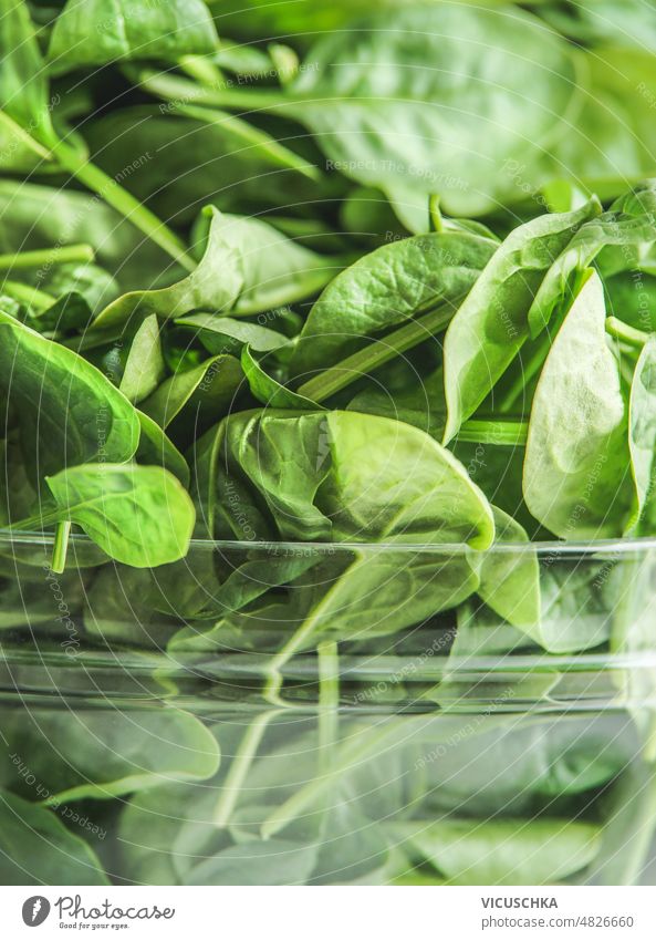 Grüner Blattspinat im Hintergrund einer Glasschale. grün Spinatblätter Schalen & Schüsseln Gesundheit Bestandteil abschließen Vorderansicht Essen zubereiten