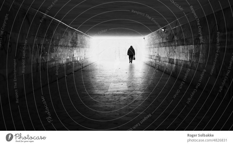 Raus aus der Dunkelheit - rein ins Licht Hintergrundbeleuchtung Park schwarz auf weiß Schatten Kontrast Straße streetlife geheimnisvoll Stollen Licht im Tunnel