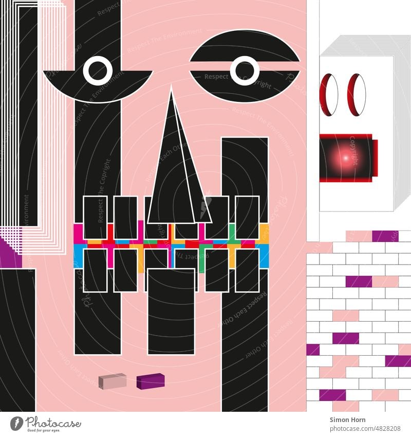 Illustration – Gesicht Grafik u. Illustration Grafische Darstellung Mauer Roboter Beobachtung Interaktion Künstliche Intelligenz Strukturen & Formen abstrakt