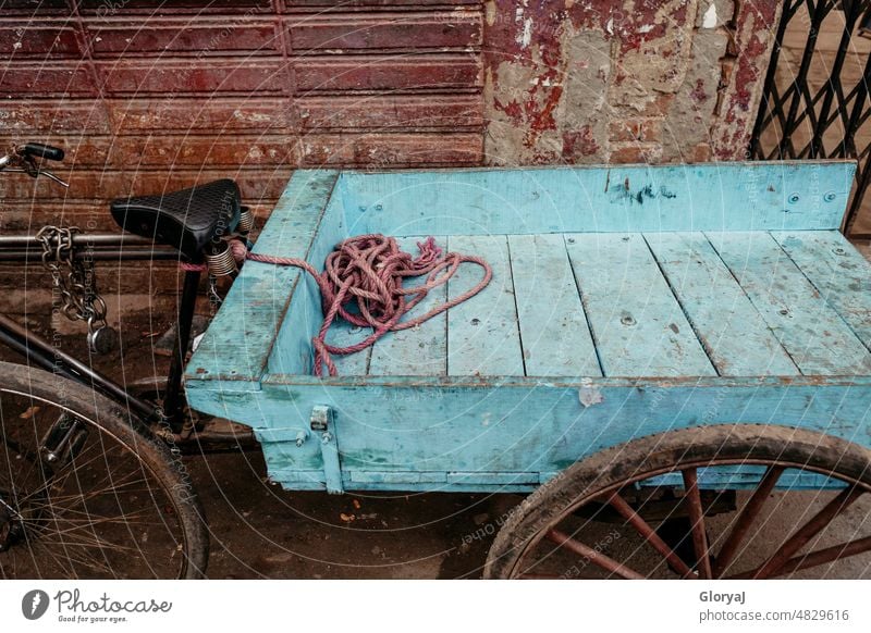 Ein blauer Karren mit einem rosa Seil Anhänger Fahrrad blauer Anhänger Fahrradtour Fahrradreifen Holz Außenaufnahme Menschenleer Güterverkehr & Logistik Ladung