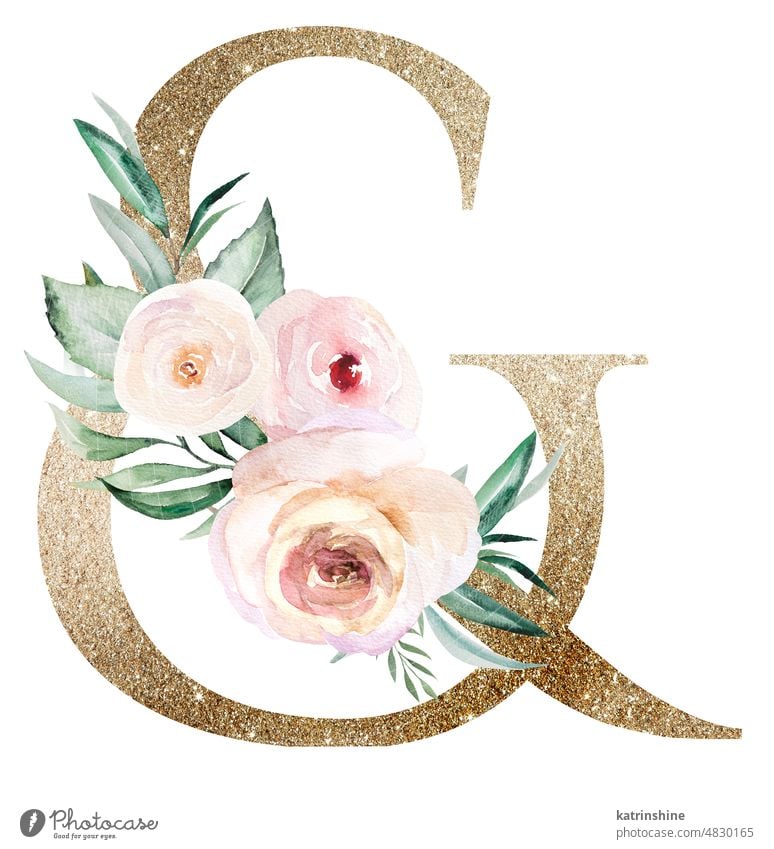 Helles goldenes Symbol Ampersand mit Aquarellrosen und Blättern. Pastellblumen-Alphabet botanisch Charakter Zeichnung Element handgezeichnet Feiertag vereinzelt