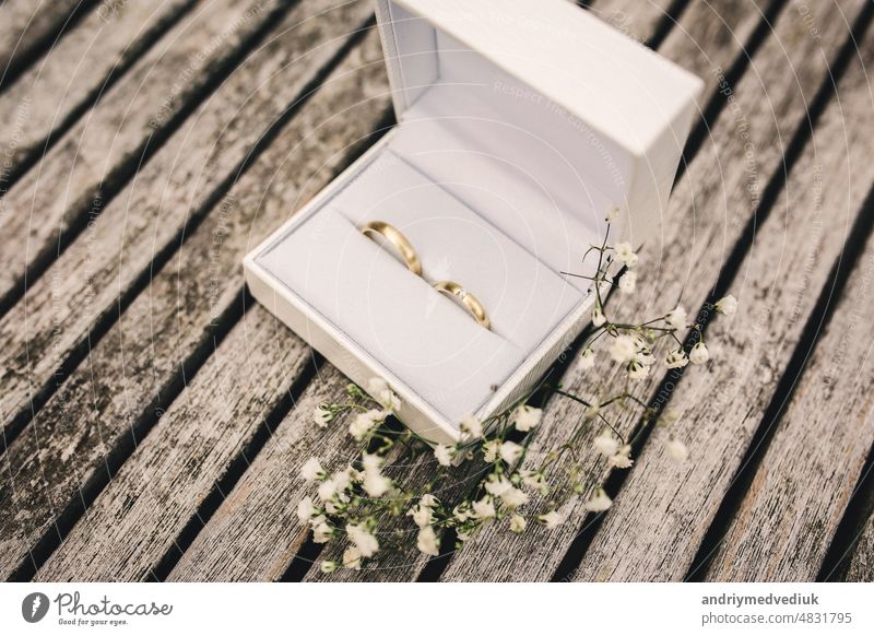 Eheringe in einer Schachtel auf dem Tisch. kleine Blumen auf einem Holztisch Ring Kasten Engagement Diamant Hochzeit weiß Schmuck vereinzelt Top Hintergrund
