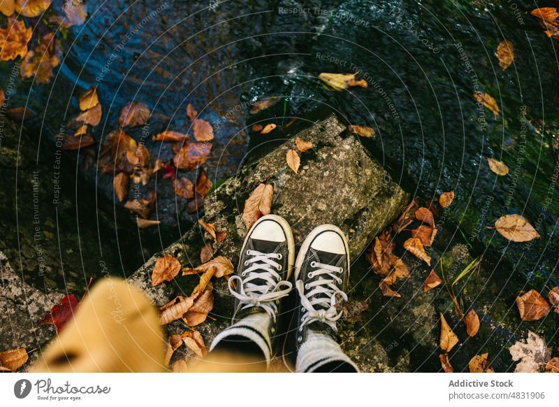 Anonyme Frau, die auf einem Felsen in der Nähe eines Baches mit einem gelben Ahornblatt steht Blatt Herbst Fluss Person trocknen Laubwerk strömen Natur fallen