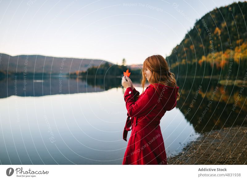 Elegante Dame mit rotem Blatt am Seeufer an einem Herbsttag Frau Ahorn Wald Natur Stil Berge u. Gebirge fallen Kanada Tourist Park jung lange Haare Mantel