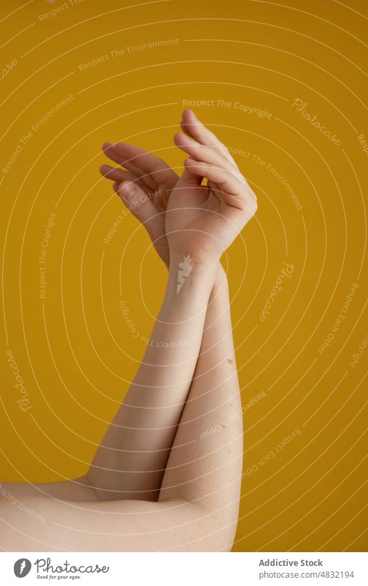 Crop unerkennbar Dame hält Hände gegen gelben Hintergrund Frau Hand Anmut Arme hochgezogen feminin Angebot gestikulieren friedlich idyllisch Windstille Harmonie