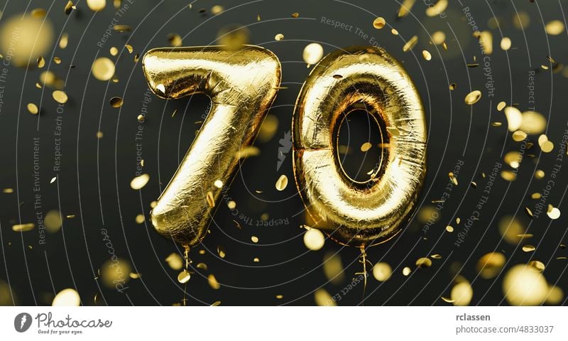 70 Jahre alt. Gold Luftballons Nummer 70. Jahrestag, herzlichen Glückwunsch zum Geburtstag, mit fallenden Konfetti abstrakt Hintergrund Ballons Transparente