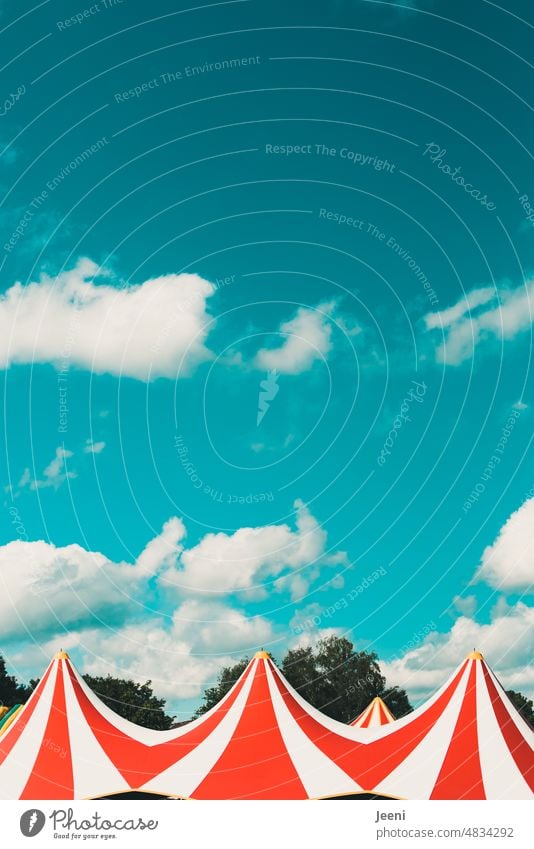 Zirkuszeltdach Spitze Zelt Himmel blau Wolken Schönes Wetter rot-weiß Jahrmarkt gestreift mehrere nebeneinander besonders Show Veranstaltung Kultur farbig