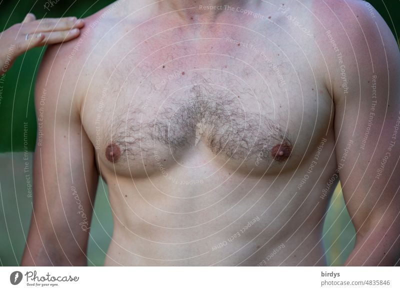 athletischer männlicher Oberkörper mit Sonnenbrand. Berührung durch eine Frauenhand männlich. attraktiv Brust Brustbehaarung maskulin nackt muskulös junger Mann