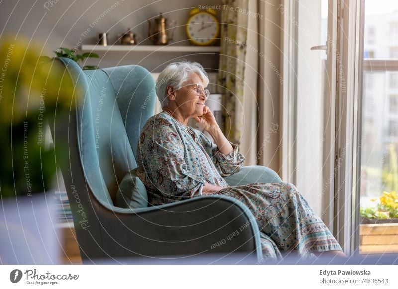 Ältere Frau sitzt in einem Sessel in ihrer Wohnung älterer Erwachsener gealtert Porträt Person lässig Freizeit Lifestyle Rentnerin Kaukasier