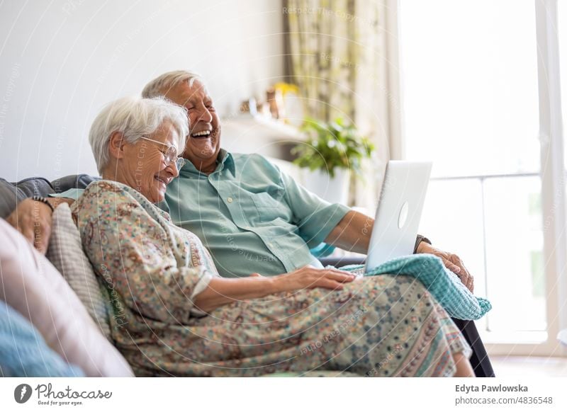 Glückliches älteres Ehepaar benutzt Laptop zu Hause älterer Erwachsener gealtert Porträt Person lässig Freizeit Lifestyle Rentnerin Kaukasier