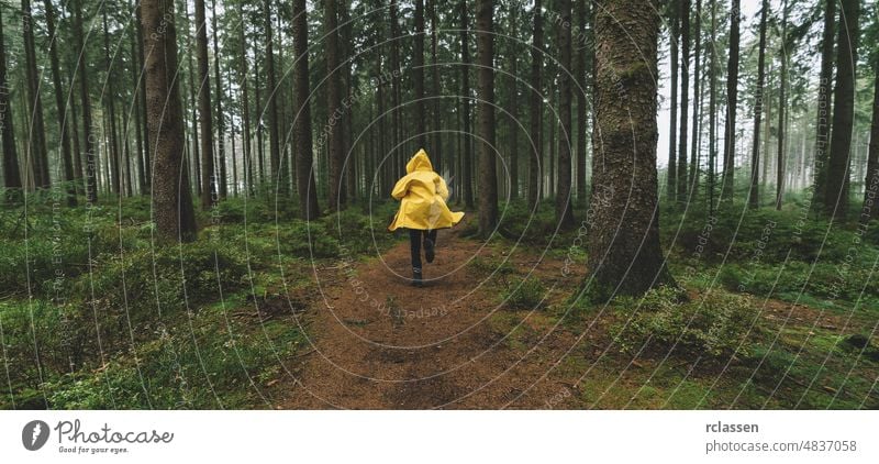 Mann in gelber Regenjacke läuft im Wald, Nebel, Regen und Dunst Herbst Regenmantel böse märchenhaft Angst Wanderung wandern einsam Stimmung Weg Reisender