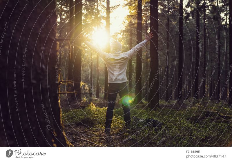 Mann betet bei Sonnenuntergang in den tiefen Wäldern mit erhobenen Händen Wald Natur Landschaft Frühling Sonnenlicht Baum Sommer Nadelholz idyllisch Umwelt