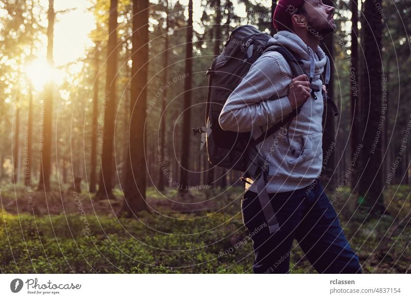 Junger Mann, der in einem Wald spazieren geht und sich umschaut, Natur und Erforschung Konzeptbild Landschaft Frühling Sonne Sonnenlicht Baum Sommer Nadelholz