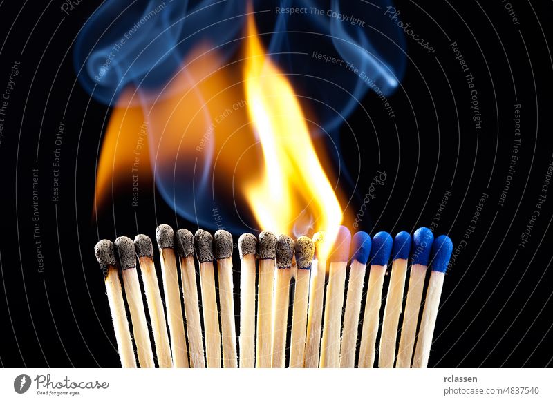 Reihe brennender Streichhölzer Streichholz Schwefel Feuer Flammen Brandwunde Rauch brennbar Nahaufnahme Konzept abstrakt Gefahr gefährlich Energie Gerät