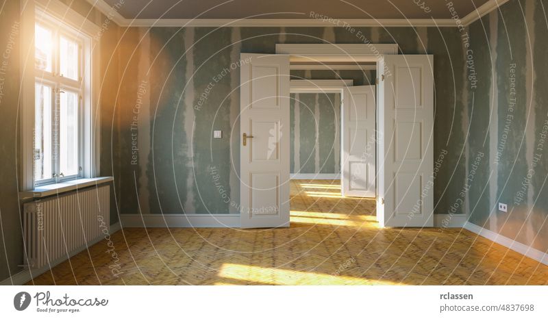 Zimmer in Renovierung in eleganter Wohnung für Umzug mit abgeflachten Trockenbauwänden verputzen Appartement Reparatur alt wirtschaftlich neu renovieren Raum