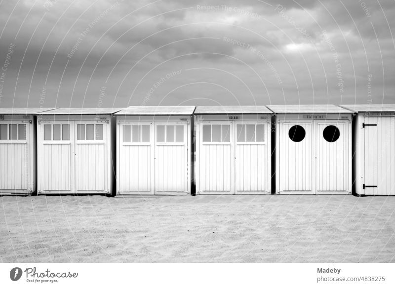 Traditionelle weiße Strandkabinen mit Wolkenhimmel am Strand in Knokke-Heist an der Nordsee bei Brügge in Westflandern in Belgien, fotografiert in klassischem Schwarzweiß