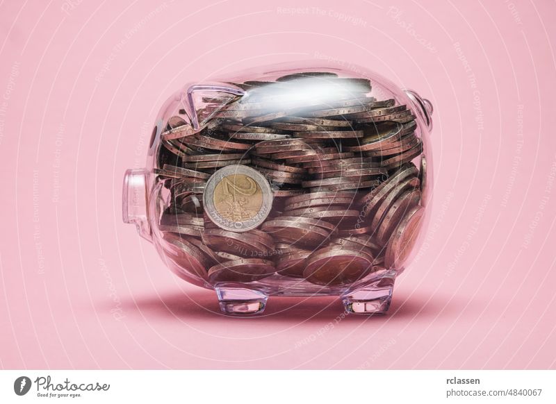 Blick in ein Sparschwein mit Geldmünzen Bank Schweinchen durchsichtig Euro Ruhestand Haushaltsplan Steuer Zukunft Personal Glas Finanzen Rente Kredit Guthaben