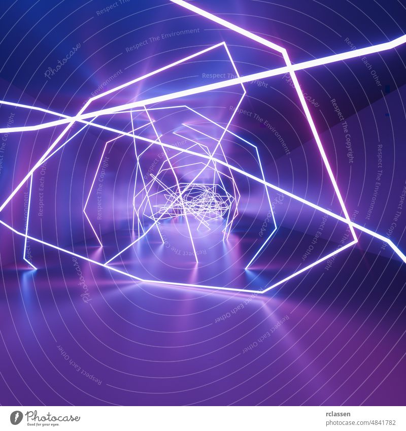 Ultraviolett Neon quadratische Linien, glühende Linien, Tunnel, Korridor, virtuelle Realität, abstrakte Mode Hintergrund, violett Neonlichter, Bogen, rosa blau lebendige Farben, Lasershow