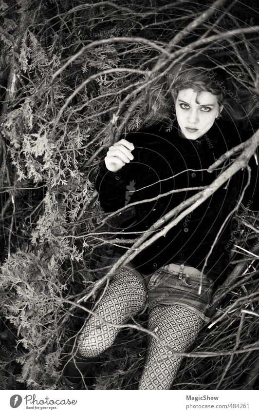 Mensch in seinem Nest. feminin Junge Frau Jugendliche Haut 1 18-30 Jahre Erwachsene Natur Garten liegen schwarz Blick bleich Holz Naturliebe dunkel tief