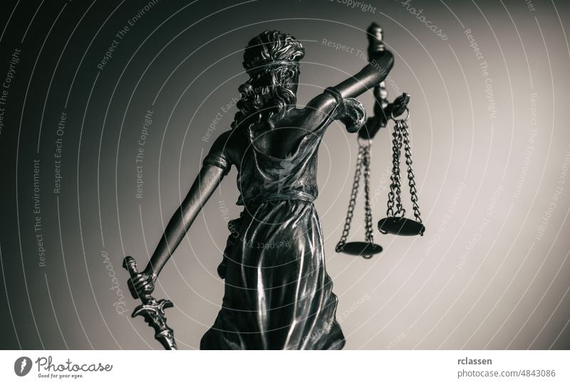 Statue der Gerechtigkeit von hinten Ermahnung Rechtsanwalt Gleichgewicht blind Buch Bücherregal Bronze Business Konzept Gericht Gerichtsgebäude Gerichtssaal