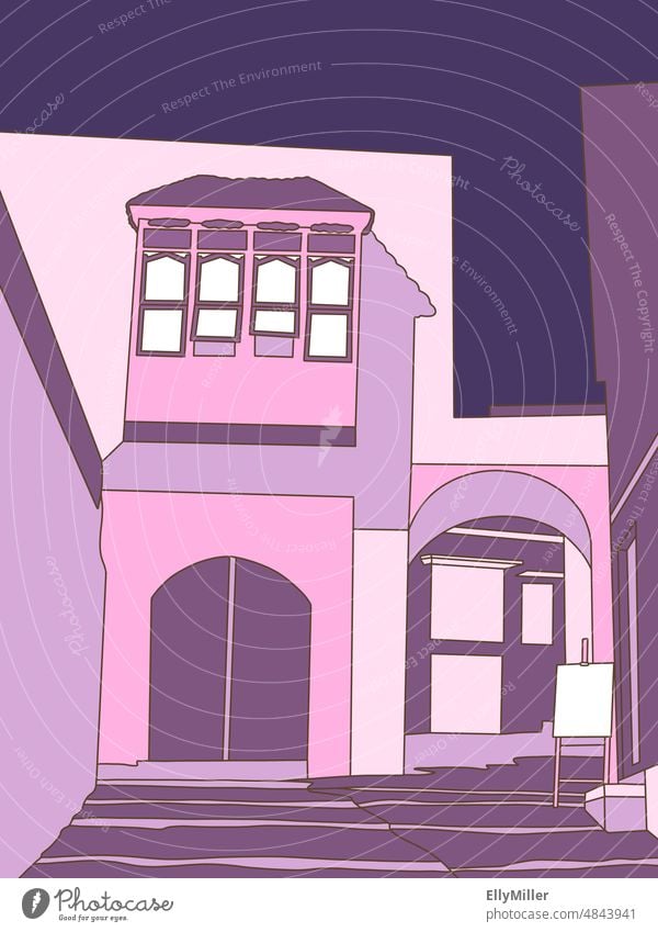 Illustration von orientalischen Häusern in lila und rosa Tönen. Gebäude Haus Tor Menschenleer Wand Architektur Tür Eingang Bauwerk Stadt Eingangstür Fassade