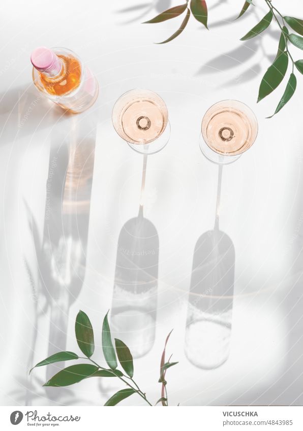 Rosenwein in Flasche und Gläsern auf weißem Hintergrund mit grünen Zweigen, Sonnenlicht und Schatten. Weingläser weißer Hintergrund Niederlassungen elegant