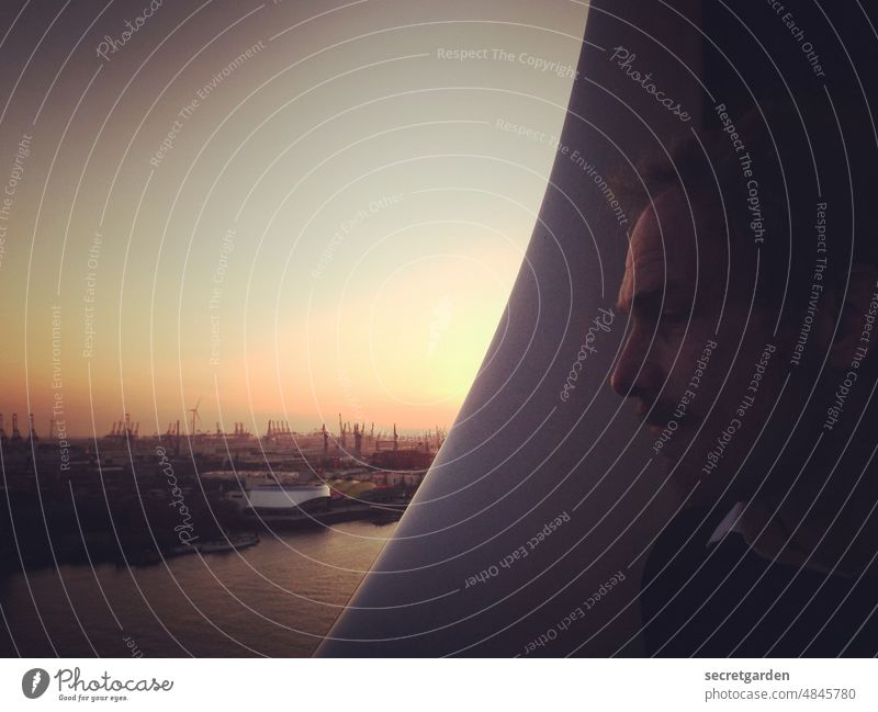 Sicht-weise Mann Elbphilharmonie Hamburg Skyline Horizont Architektur Dämmerung dunkel Profil nachdenklich Sonnenuntergang Sonnenlicht Hafen Sehenswürdigkeit