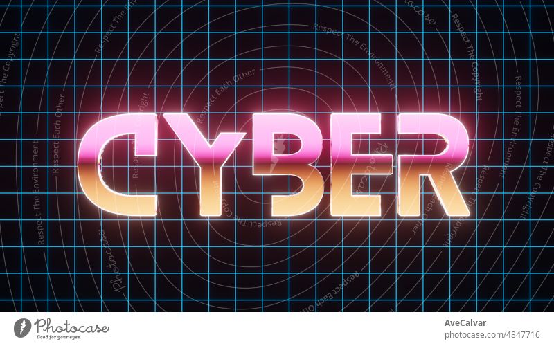 Hintergrundbild Vintage-Stil Cyber Text Neon-Schild, alte Gaming-Konzept.Glühende Neonlichter.Retro-Welle und Synthwave-Stil.Für Postkarte, Party-Einladung, Banner, Poster.3D-Render-Bilder Illustration