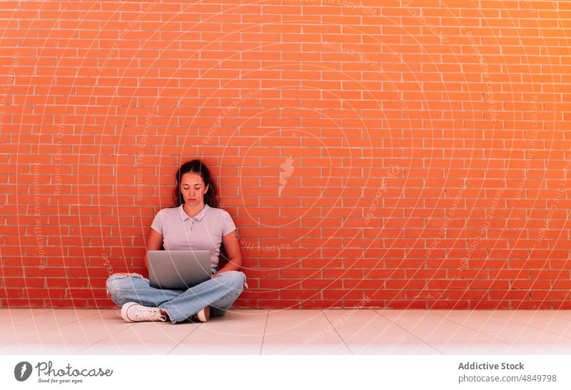 Konzentrierte Frau, die in der Nähe einer Ziegelmauer auf einem Laptop surft Schüler Internet Browsen online Universität feiern Backsteinwand Netbook lernen