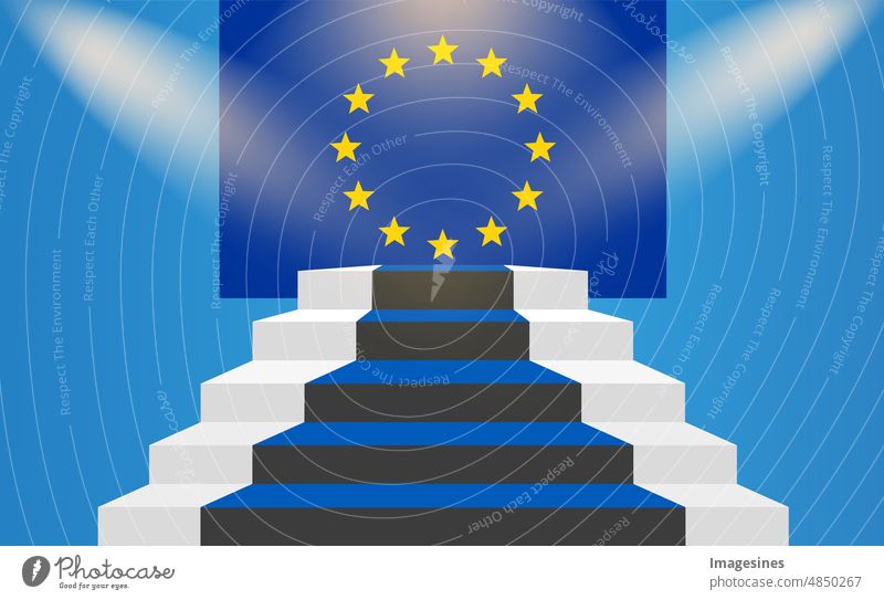 Treppe zur Europäischen Union. Die Flagge der Europäischen Union. Der EU beigetretenes Konzept bankwesen Geschäft Industrie finanzieren feier konzepte