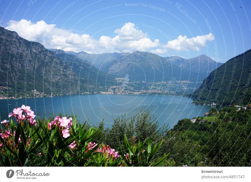 Blick über den Luganer See von Italien (Osteno) aus. Alpensee Panorama Schweiz Urlaub Reise Alpensüdseite Aussicht