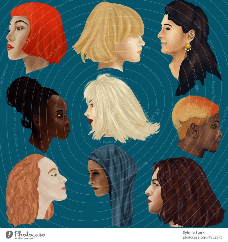 Porträts von Frauen unterschiedlicher ethnischer Herkunft multiethnisch Vielfalt inklusive Person Menschen Behaarung Kopftuch Hijab Inder Japanisch Afrikanisch