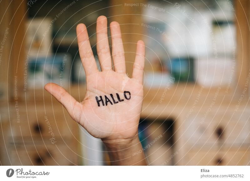 Hand auf der Hallo geschrieben steht hallo Begrüßung Kommunizieren Gruß Willkommen Mensch Text Grüßen Schriftzeichen