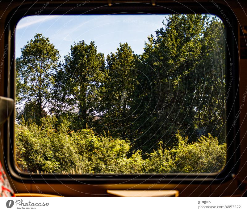 Bahnfahrt - Blick aus dem Fenster Eisenbahn Verkehr Bewegung Zug Umrandung reisen Reise Linie Ausflug Ausblick Station Gebüsch Wald Bäume Himmel Landschaft